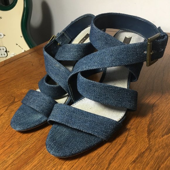 ZARA Denim High Heel Sandals Wood Heel - Picture 1 of 4